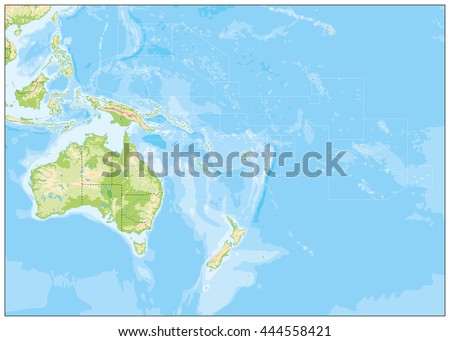 Blank Relief Map of Oceania. All elements are separated in editabe layers clearly labeled.