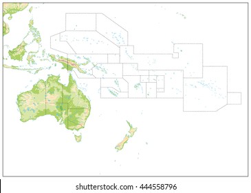 Blank Relief Map of Oceania isolated on white. All elements are separated in editable layers clearly labeled.