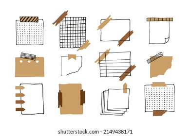 Notas en papel para recordatorio en blanco, colección de doodles para planificadores. Ilustración de dibujo a mano del vector