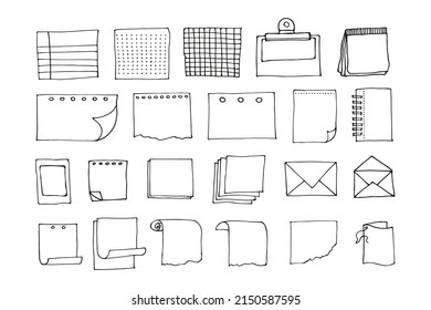 Notas en papel para recordatorio en blanco, colección de doodles para planificadores. Ilustración de dibujo a mano del vector