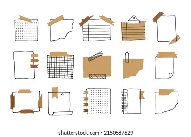 Notas en papel para recordatorio en blanco, colección de doodles para planificadores. Ilustración de dibujo a mano del vector