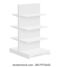 Blank retail display rack with shelves, mockup for branding, merchandising, product presentation and store advertising