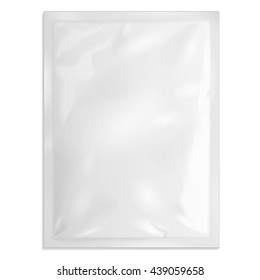 Blank Retort Foil Pouch Packaging Medicine Drugs Or Coffee, Salt, Sugar, Sachet, Sweets Or Condom. Illustration Isolated On White Background. Mock Up Product Template. Ready For Your Design. Vector 