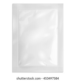 Blank Retort Foil Pouch Packaging Medicine Drugs Or Coffee, Salt, Sugar, Sachet, Sweets Or Condom. Illustration Isolated On White Background. Mock Up Product Template. Ready For Your Design. Vector