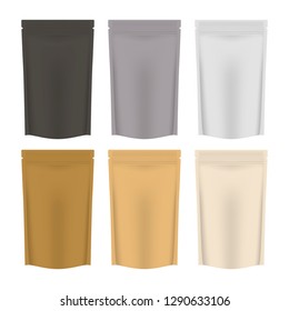 Blank retort pouches with zipper, vector mockup set. Stand up vacuum food zip lock bags with tear notches, template.