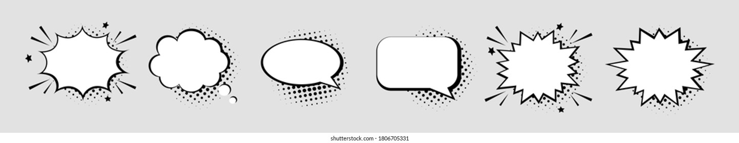 Blank retro comic speech bubbles. Set clouds with black halftone shadows on gray background. Vector design elements.
