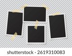 Blank retro photo frames with tape. Set of empty vintage photo placeholders with white borders on transparent background. Scrapbook or memory album templates. Realistic vector illustration.