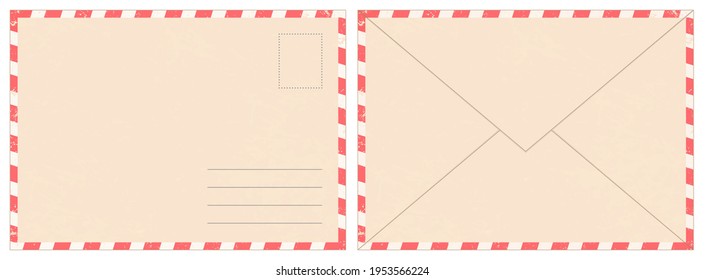 Blank retro postal envelope. Old vintage air mail letter. Craft paper correspondence envelopes back and front view realistic vector mockup. Message delivery and sending, realistic postage