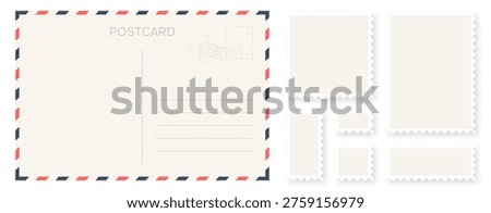Blank retro postcard template with stamps and address lines. Retro postcard design with stylish decorative frames and space for text. Minimalist postcard layout with blank postage stamps. Vector