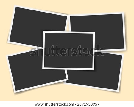 Blank retro snapshot layout. Nostalgic photo frame design. Scattered gallery photo mockup. Five horizontal photography card set for social media, album, home interior