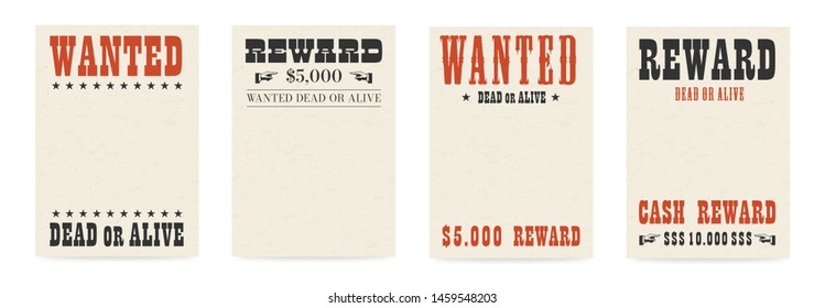 Blank reward poster template. Wanted dead or alive banner with textured old paper