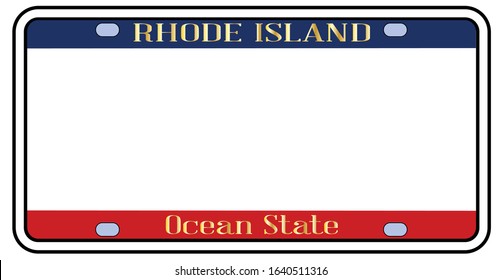 Blank Rhode Island state license plate in the colors of the state flag  over a white background