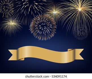 Blank ribbon label with golden fireworks on twilight background. Design for celebration event in vector illustration