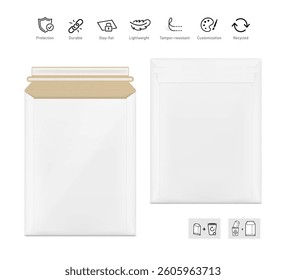 Blank rigid mailer mockup with set icons. Vector illustration isolated on white background. Perfect for easy customisation and editing your design. EPS10.	