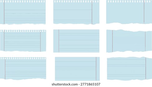 Blank ripped notebook pages. Light blue paper, lined, torn edges. Isolated.