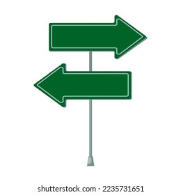 Blank road sign on metal pole vector illustration. Green arrow boards isolated on white background. Traffic, direction or destination concept