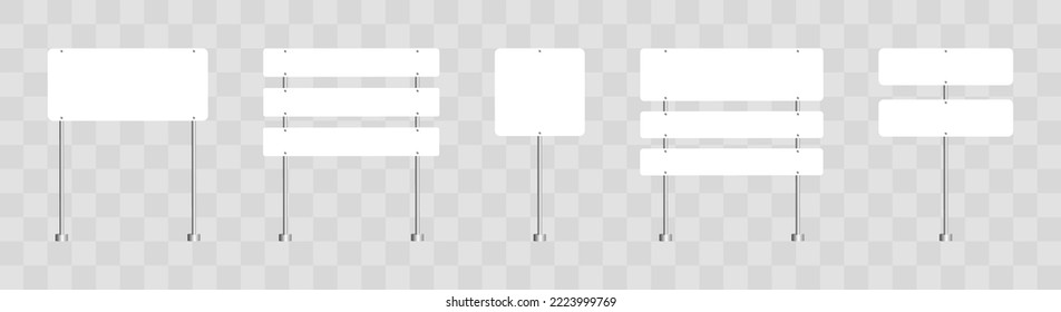 Blank road signs. Realistic traffic signs. Direction signposts. Route direction, signage and street information signs. Vector illustration.