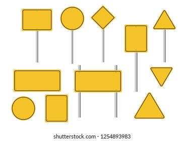 Blank road signs set. Empty yellow street signs. Vector illustration