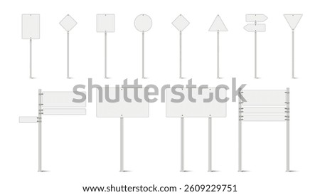 Blank Road Traffic Signs on Metal Poles – Vector Set of 3D Realistic Street Signboards in Various Shapes for Directions, Warnings, and Information.