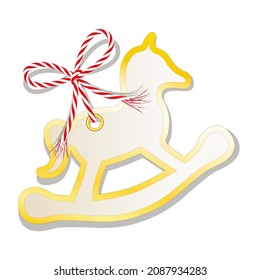 Blank Rocking horse card with a golden border, tied with a red and white cord string,
Label or gift tag,
Vector illustration isolated on white background
