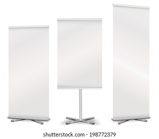 Blank roll up advertising promotion counter set. Trade stand. Ad Poster set isolated on white background