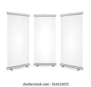 Blank Roll Up Banner 3 Display View Template. Ready for Your Presentations, Demonstrations, Reports. Vector illustration