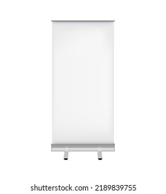 Blank roll up banner.  3d template for your design. For promotional presentation. Realistic vector illustration isolated on white background.