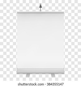 Blank Roll Up Banner Expo Stands. Trade show booth white and blank. 3d vector illustration on transparent background. Template mockup for your expo design.