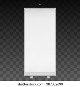 Blank Roll Up Banner Expo Stands. Trade show booth white and blank. 3d vector illustration on  dark transparent background. Template mockup for your expo design.
