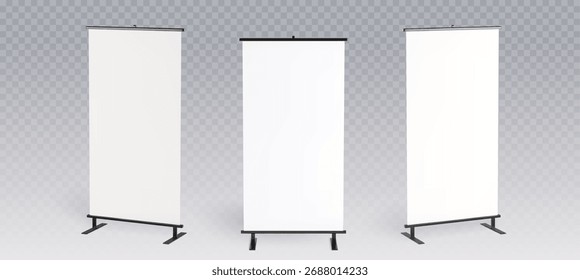 Blank roll-up banner mockup set com suporte de metal para apresentações e exposições - exibições verticais brancas sobre fundo transparente. Painéis publicitários portáteis para feiras comerciais ou eventos comerciais.