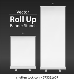 Blank Roll Up Banner Stands. Trade show booth white and blank. 3d vector illustration on dark background. Template mockup for your expo design.