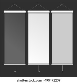 Blank Roll Up Banner Template Vertical. White, Grey and Black Color banners. Vector illustration for business card, flyer design, modern publication x-banner and flag-banner