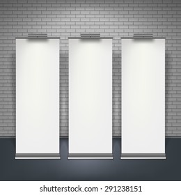 Blank roll up banners set isolated over brick wall, vector illustration.
