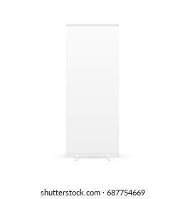 Blank roll-up banner display with clipping path. isolated on white background. Vector illustration. Eps 10.