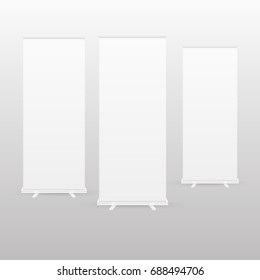 Blank roll-up banner display with clipping path. isolated on background. Vector illustration. Eps 10.