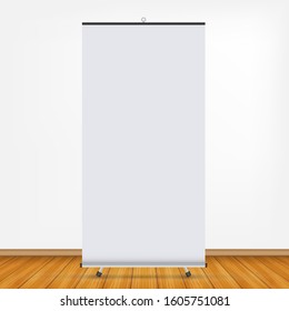 Blank roll-up banner display. Roll up banner stand. Vector stock illustration.