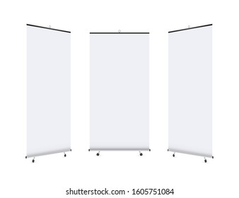 Blank roll-up banner display. Roll up banner stand. Vector stock illustration.