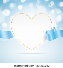 Blank romantic card, with blue silk ribbon, on a bokeh background.