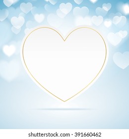 Blank romantic card, with golden stroke, on a blue bokeh background.