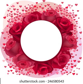 Blank romantic frame with roses and pink confetti hearts