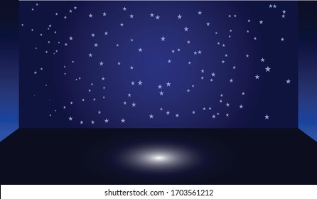Una habitación en blanco con fondo de cielo oscuro y reflexión de la luz inferior.
