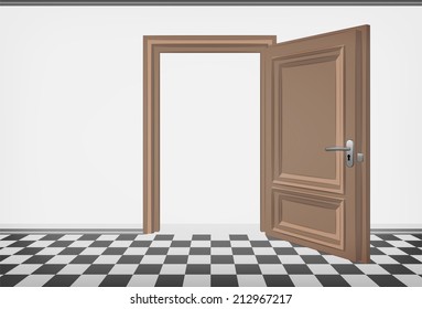 blank room wall with open door and checked paved floor vector illustration