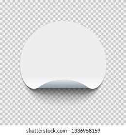 Blank round adhesive sticker mock up with curved corner. Mockup empty circle sticky label on transparent background. Vector illustration.