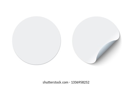 Blank round adhesive stickers mock up with curved corner. Mockup empty circle sticky label. Vector illustration.