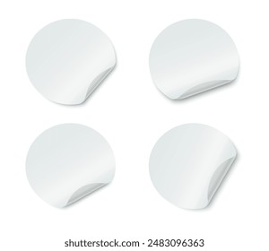 Blank round adhesive stickers set with curved corner. Realistic circle paper stickers with curved edges. Empty mockup round sticky label. Vector illustration.