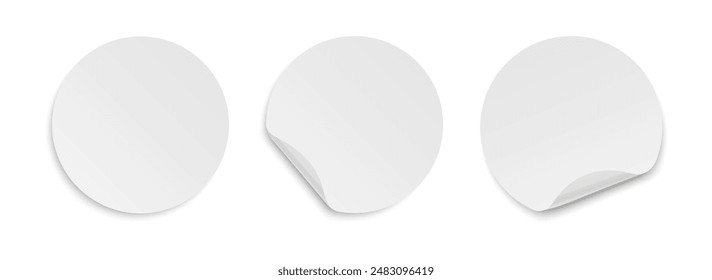 Blank round adhesive stickers set with curved corner. Realistic circle paper stickers with curved edges. Empty mockup round sticky label. Vector illustration.