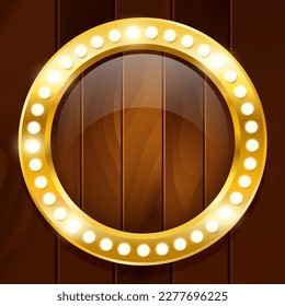 Blank round background for casino. Luxury background with a brown wooden frame and light bulbs.