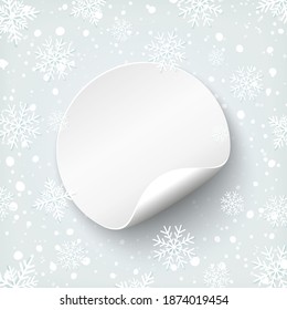 Blank round banner template. Price tag on background with snow and snowflakes. Promotion badge. Vector illustration.
