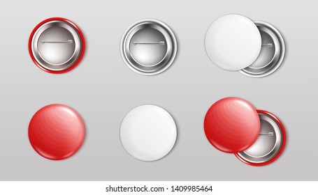 Blank round button pin mockup, realistic circle badge template for text or label, red and white glossy plastic brooches with empty space, isolated vector illustration on white background