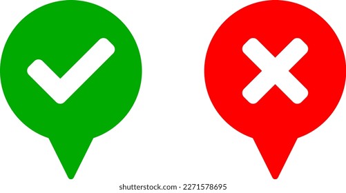 Símbolo de elemento de símbolo de mensaje de nube de burbuja de discurso circular en blanco con marca de verificación verde y signo de la Cruz X roja para sí y sin opinión o respuesta. Imagen vectorial.